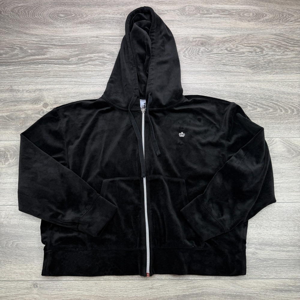 Juicy Couture Track Jacket Large Black Velour Hoodie Full Zip Metallic Logo Y2K